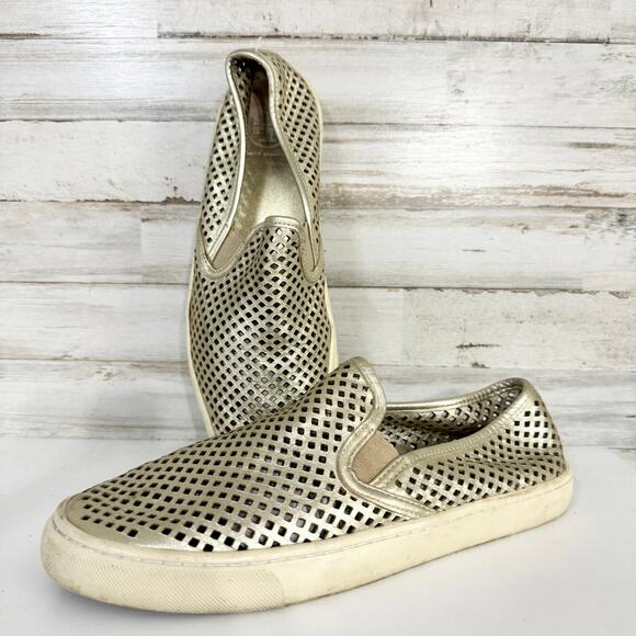 Tory Burch Women Jesse Gold Metallic Leather Perforated Slip On Sneaker Size 8.5 - Picture 1 of 5